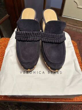 Veronica Beard Dark Navy Suede Braided Strap Mule Loafers